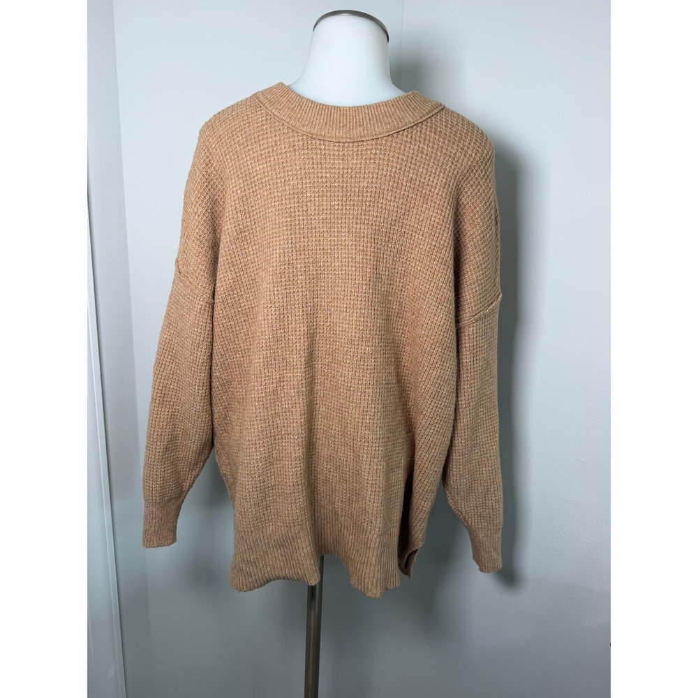 Aerie Oversized Waffle Knit Sweater Tan Brown Marled Crew Neck Side Slit Small